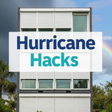 Vertical Pintereststyle image of container home with hurricane shutters Centered overlay text reads 