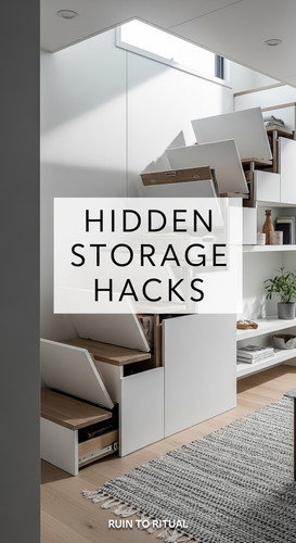 Vertical Pintereststyle image of container home with hidden staircase storage Centered overlay text .jpg