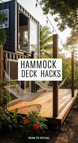 Vertical Pintereststyle image of container home with hammock deck Centered overlay text reads Hammoc.jpg