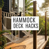 Vertical Pintereststyle image of container home with hammock deck Centered overlay text reads Hammoc