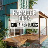 Vertical Pintereststyle image of container home with hammock deck Centered overlay text reads Hammoc