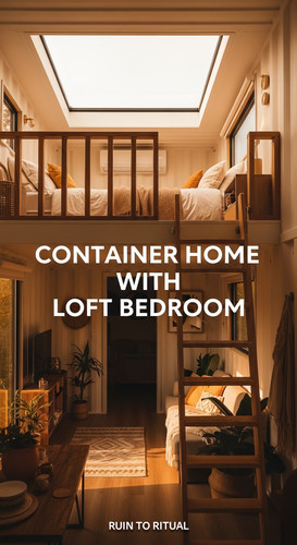 Vertical Pintereststyle image of container home with loft bedroom and skylight Centered overlay text.jpg