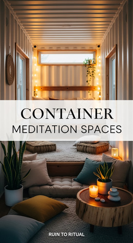 Vertical Pintereststyle image of container home with meditation nook Centered overlay text reads Con.jpg