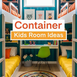 Vertical Pintereststyle image of container home with kids bunk room Centered overlay text reads Cont