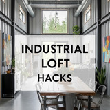 Vertical Pintereststyle image of container home with industrial loft interior Centered overlay text 