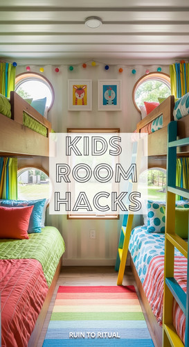 Vertical Pintereststyle image of container home with kids bunk room Centered overlay text reads Kids.jpg