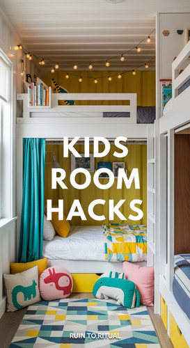 Vertical Pintereststyle image of container home with kids bunk beds Centered overlay text reads Kids.jpg
