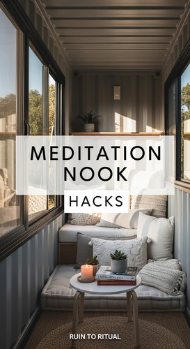 Vertical Pintereststyle image of container home with meditation nook Centered overlay text reads Med.jpg