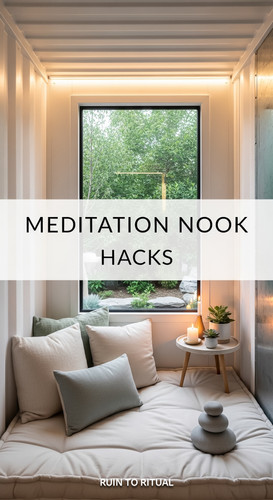 Vertical Pintereststyle image of container home with meditation nook Centered overlay text reads Med.jpg