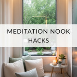 Vertical Pintereststyle image of container home with meditation nook Centered overlay text reads Med