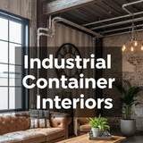 Vertical Pintereststyle image of container home with industrial loft style Centered overlay text rea
