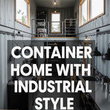 Vertical Pintereststyle image of container home with industrial style interior Centered overlay text