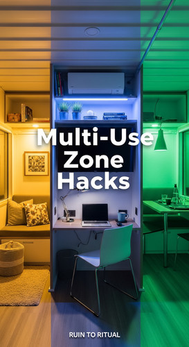 Vertical Pintereststyle image of container home with multiuse zones Centered overlay text reads Mult.jpg