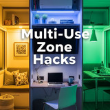 Vertical Pintereststyle image of container home with multiuse zones Centered overlay text reads Mult