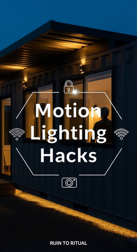 Vertical Pintereststyle image of container home with motion lighting Centered overlay text reads Mot.jpg