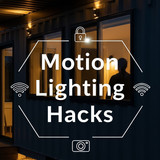 Vertical Pintereststyle image of container home with motion lighting Centered overlay text reads Mot