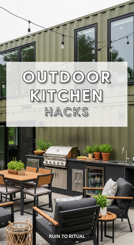 Vertical Pintereststyle image of container home with outdoor kitchen Centered overlay text reads Out.jpg