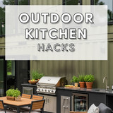 Vertical Pintereststyle image of container home with outdoor kitchen Centered overlay text reads Out