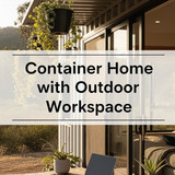 Vertical Pintereststyle image of container home with outdoor workspace and desk setup Centered overl