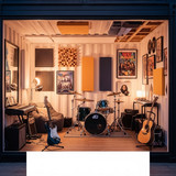 Vertical Pintereststyle image of container home with music room Centered overlay text reads Music Ro