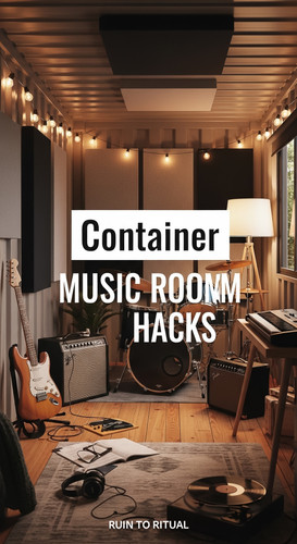 Vertical Pintereststyle image of container home with music room setup Centered overlay text reads Co.jpg
