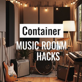Vertical Pintereststyle image of container home with music room setup Centered overlay text reads Co