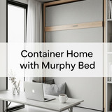 Vertical Pintereststyle image of container home with Murphy bed and foldout table Centered overlay t