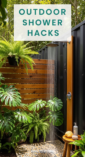Vertical Pintereststyle image of container home with outdoor shower Centered overlay text reads Outd.jpg
