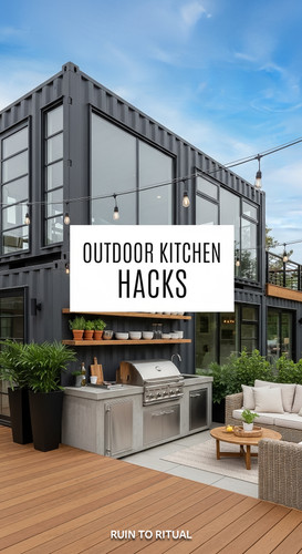 Vertical Pintereststyle image of container home with outdoor kitchen Centered overlay text reads Out.jpg