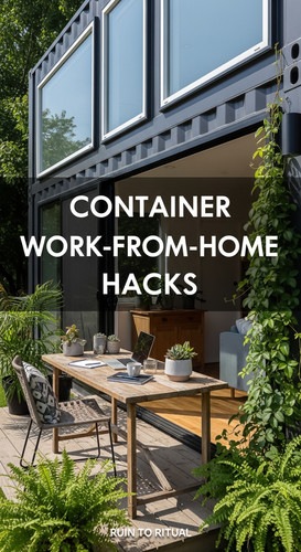 Vertical Pintereststyle image of container home with outdoor workspace Centered overlay text reads C.jpg
