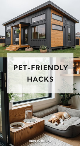 Vertical Pintereststyle image of container home with petfriendly design Centered overlay text reads .jpg