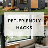 Vertical Pintereststyle image of container home with petfriendly design Centered overlay text reads 