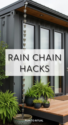 Vertical Pintereststyle image of container home with rain chain Centered overlay text reads Rain Cha.jpg