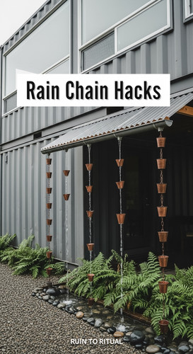 Vertical Pintereststyle image of container home with rain chain system Centered overlay text reads R.jpg
