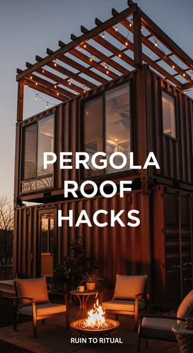 Vertical Pintereststyle image of container home with pergola roof lights Centered overlay text reads.jpg