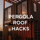 Vertical Pintereststyle image of container home with pergola roof lights Centered overlay text reads