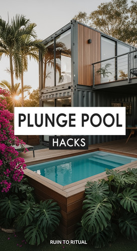 Vertical Pintereststyle image of container home with plunge pool deck Centered overlay text reads Pl.jpg