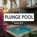 Vertical Pintereststyle image of container home with plunge pool deck Centered overlay text reads Pl