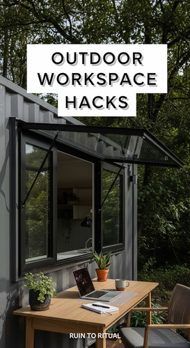 Vertical Pintereststyle image of container home with outdoor workspace Centered overlay text reads O.jpg