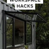 Vertical Pintereststyle image of container home with outdoor workspace Centered overlay text reads O