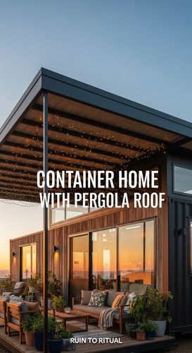 Vertical Pintereststyle image of container home with pergola roof and hanging lights Centered overla.jpg