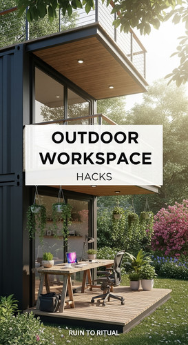 Vertical Pintereststyle image of container home with outdoor workspace Centered overlay text reads O.jpg