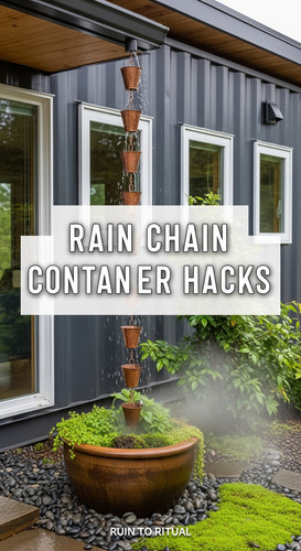 Vertical Pintereststyle image of container home with rain chain system Centered overlay text reads R.jpg