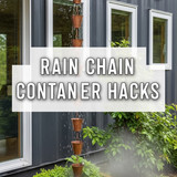 Vertical Pintereststyle image of container home with rain chain system Centered overlay text reads R