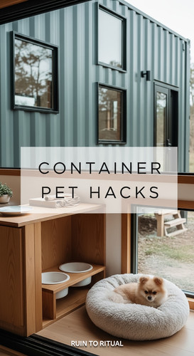 Vertical Pintereststyle image of container home with petfriendly design Centered overlay text reads .jpg