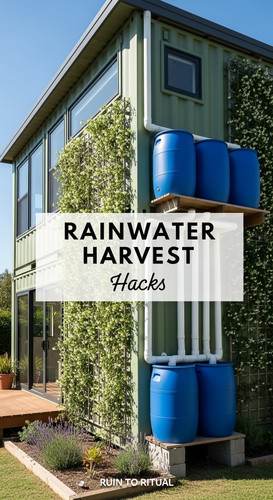 Vertical Pintereststyle image of container home with rainwater harvesting Centered overlay text read.jpg