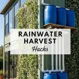 Vertical Pintereststyle image of container home with rainwater harvesting Centered overlay text read