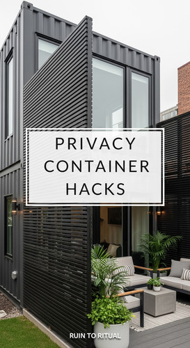 Vertical Pintereststyle image of container home with privacy screens Centered overlay text reads Pri.jpg
