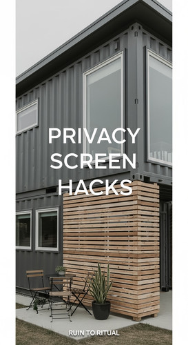 Vertical Pintereststyle image of container home with privacy screens Centered overlay text reads Pri.jpg