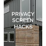 Vertical Pintereststyle image of container home with privacy screens Centered overlay text reads Pri